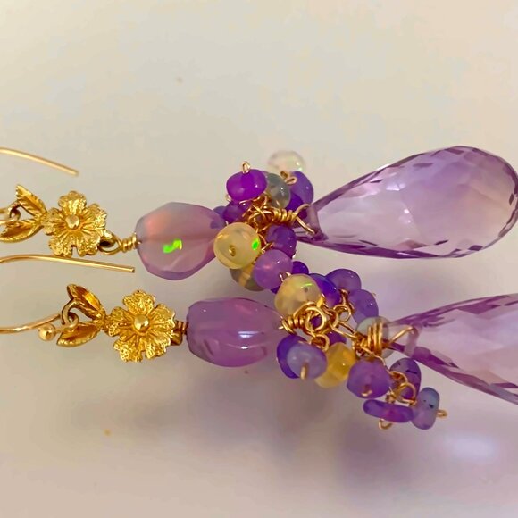 14K Gold Pink Amethyst Opal Gemstone Briolette Earrings - Picture 5 of 7